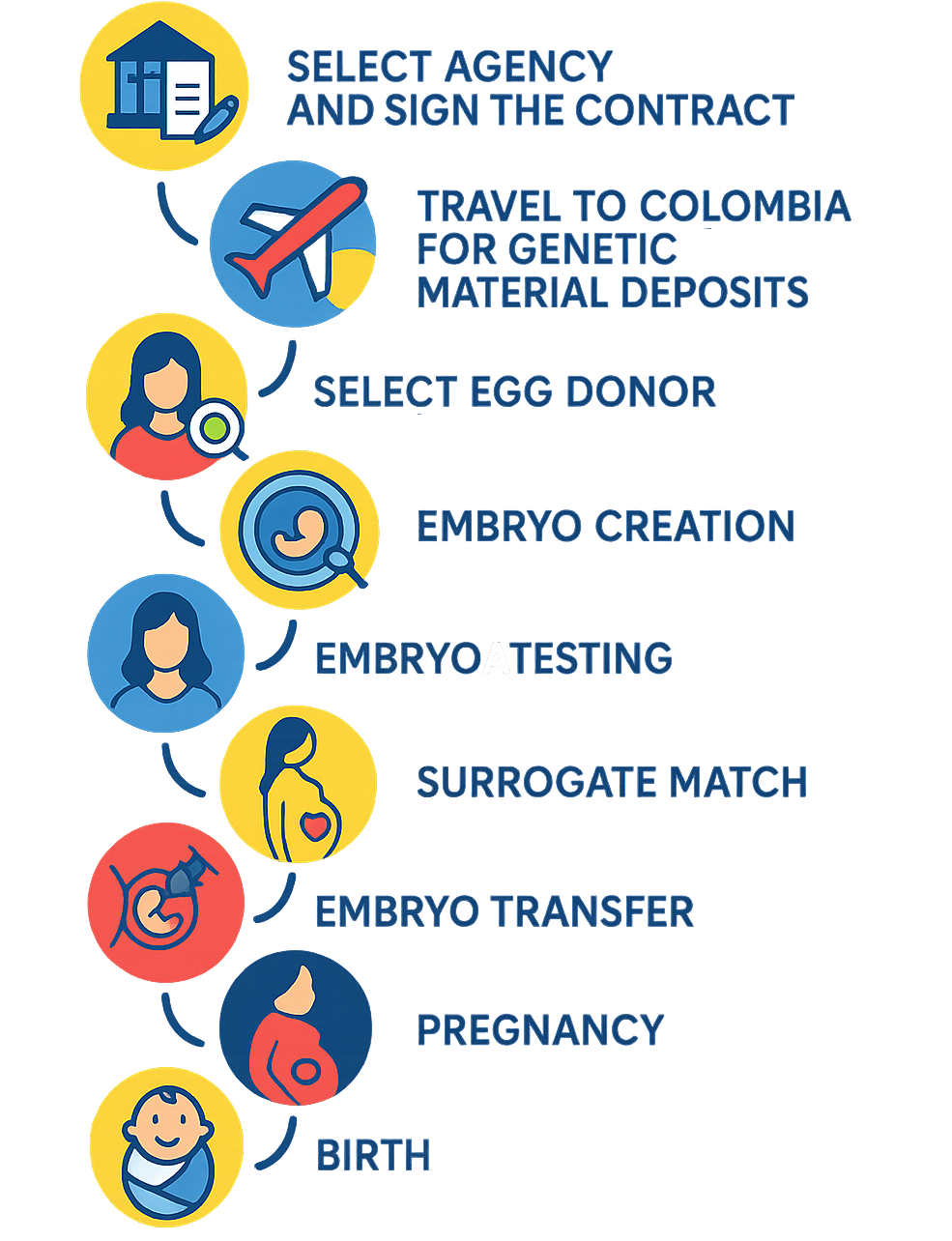 Flowchart illustrating the process for selecting an agency, travel, embryo creation, embryo testing, surrogacy match, embryo transfer, pregnancy, and birth in reproductive procedures.